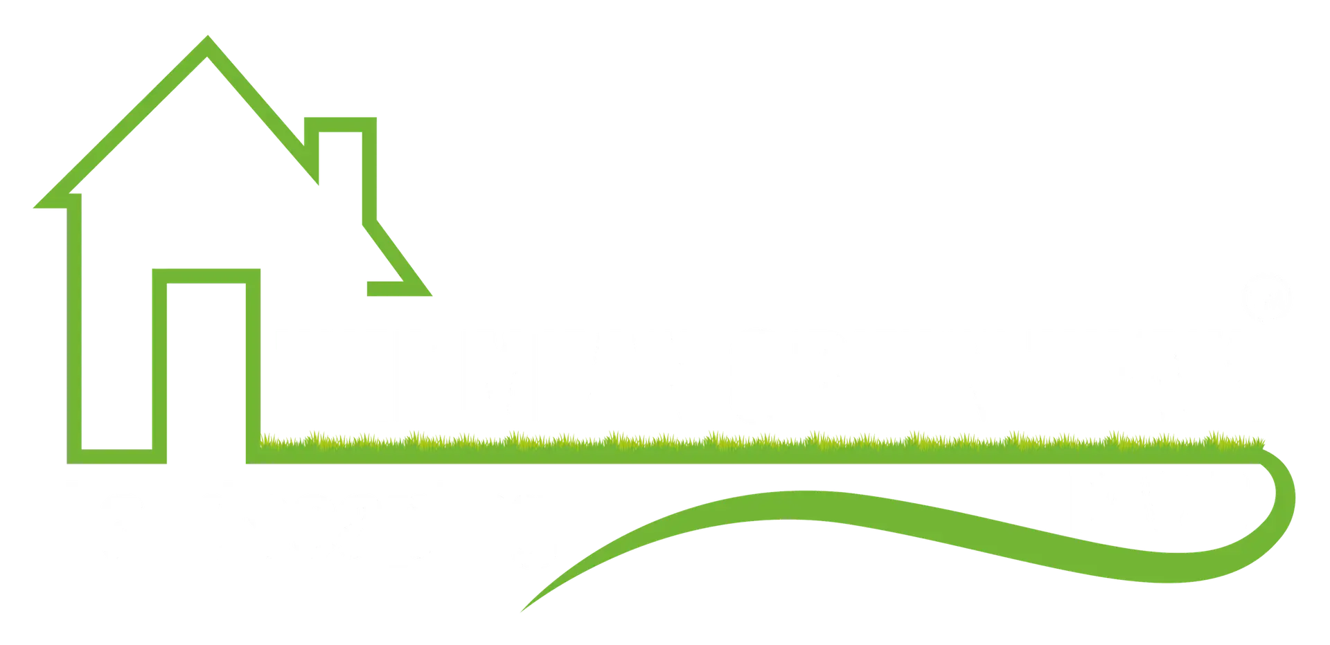 Logo for The Mean Green Team Landscaping David, featuring a green outline of a house connected to a green line resembling grass and a curving path, with the text incorporated into the design.