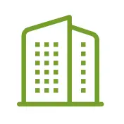 Green outline of a building with many square windows and a slanted roof, resembling a simple office or apartment structure.