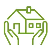 A simple green line drawing shows a house with a chimney between two open hands, symbolizing protection or care for a home.