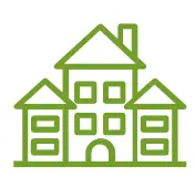 Simple green line drawing of three houses in a row, each with square windows and a rectangular door, shown in a minimalist style.