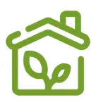A green icon of a hand holding a small house with a plant growing inside, symbolizing eco-friendly or sustainable housing.