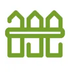 A simple green icon of three houses behind a white horizontal fence, representing a residential community or neighborhood.
