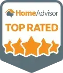 HomeAdvisor Top Rated badge featuring the HomeAdvisor logo, the words Top Rated, and five orange stars, indicating a high rating or top service provider.