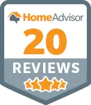 HomeAdvisor badge showing 20 Reviews in large orange text, with an illustration of a house and five orange stars below.